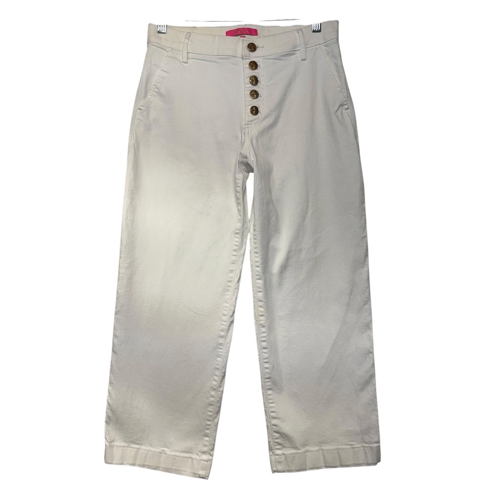 Lilly Pulitzer Womens High Rise Crop Pants Size 6 White Button Fly Wide Leg